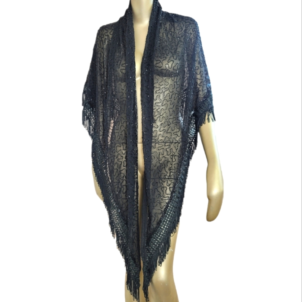 Scala Navy Blue Beaded Fringe Shawl Wrap